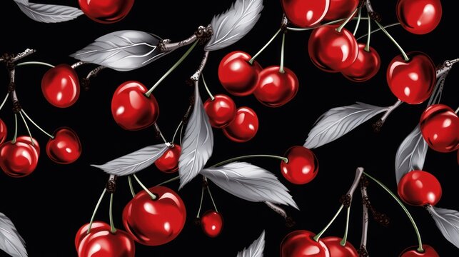  a black background with a bunch of cherries and leaves on the top of the cherries is a black background with a bunch of cherries and leaves on the bottom of the cherries.