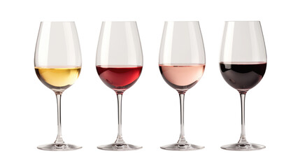 Set of white, rose, and red wine glasses isolated on transparent background - Powered by Adobe