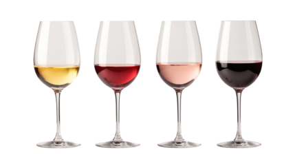 Set of white, rose, and red wine glasses isolated on transparent background