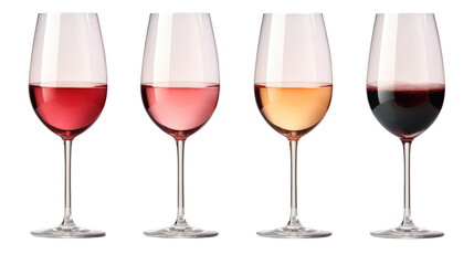 Set of white, rose, and red wine glasses isolated on transparent background
