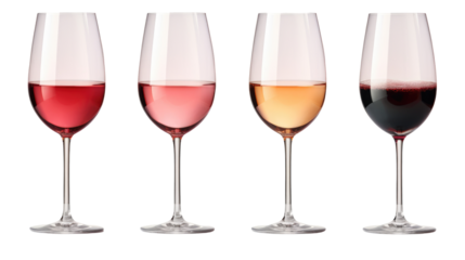 Set of white, rose, and red wine glasses isolated on transparent background