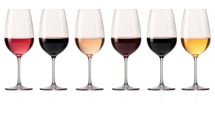 Set of white, rose, and red wine glasses isolated on transparent background
