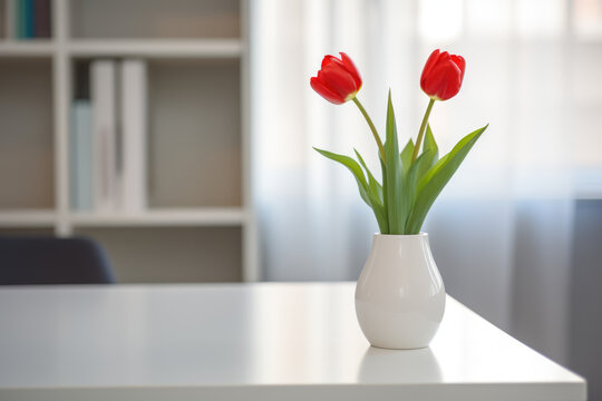 A Single Red Tulip in a White Vase on a Clean Desk.