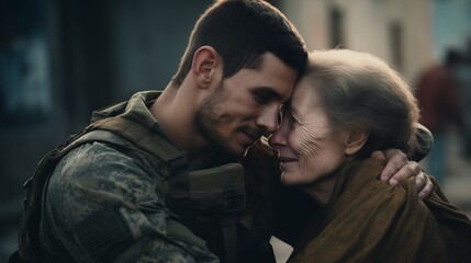 Close up photo of young soldier and his sad mother hugging him welcome or saying goodbye. AI generated image