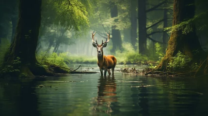 Poster Im Rahmen A deer is standing in the middle of the water in a wild © Ayyan