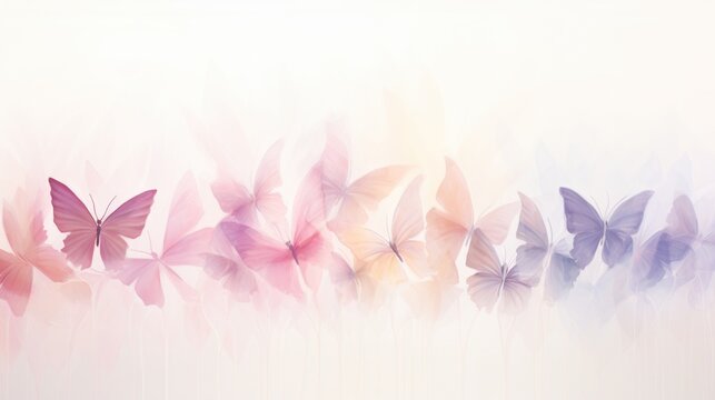  a group of pink and purple butterflies flying in the air on a white background with a blurry image of the back side of the image of the butterfly's wings.