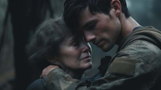 Close up photo of young soldier and his sad mother hugging him welcome or saying goodbye. AI generated image
