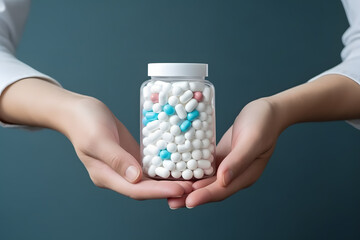 Female hands with white medical plastic jar of multivitamin capsules or pills. Mockup