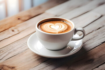 Cup of coffee on wooden table with a heart shaped coffee art, generative AI