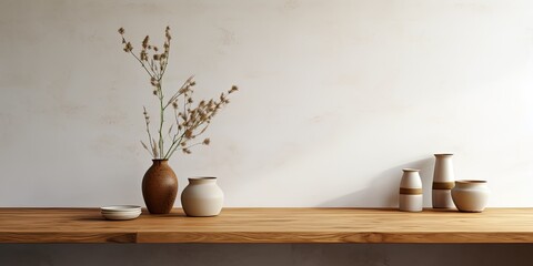 Minimal Japanese-style kitchen interior with cozy counter and warm white wall, adorned with wood counter, vase, plant, and candle for product presentation background.