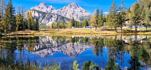 Serene view of Lake Antorno in the Italian Dolomites