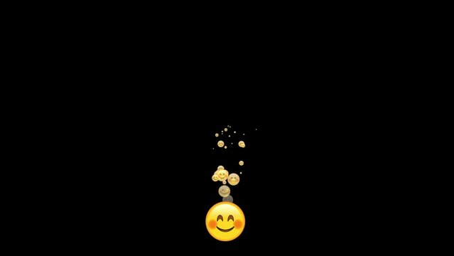 Pop up icons of yellow emoji with smiling eyes and blushing cheeks showing a true sense of happiness. Emoji, big happiness, on a black background. Alpha Channel.