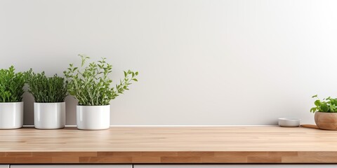 Minimal white kitchen interior with silver hood and wooden countertop, showcasing a real photo of plants.