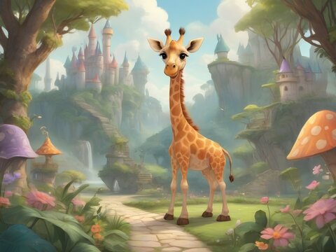 Picture, cartoon giraffe in a fairytale kingdom with a castle