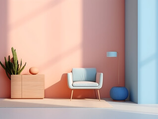 Modern interior design with a armchair in pastel blue and peach fuzz color wall, light and shadows 