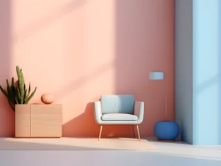 Wall murals Pantone 2024 Peach Fuzz Modern interior design with a armchair in pastel blue and peach fuzz color wall, light and shadows 