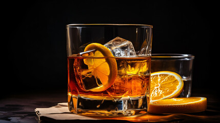  A glass of whiskey with an orange peel