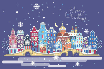 Christmas night city with traditional european houses and Christmas lights