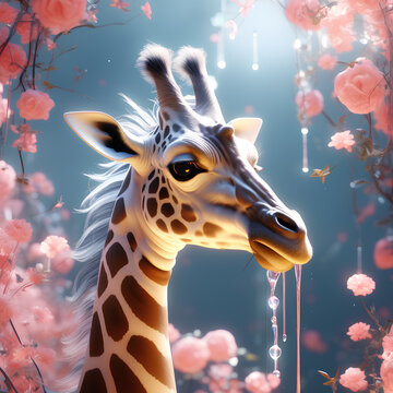 Picture, close-up of a giraffe on a background of flowers