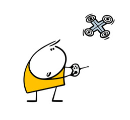 Funny little boy holds a remote control from a quadcopter and launches a flying device into the sky. Vector illustration a funny child controls new technologies. Isolated cartoon on white background.