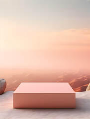 Square mock up podium in peach fuzz color with mountains in background, product presentation concept	
