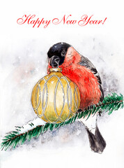 New Year greeting card with bullfinch and toy