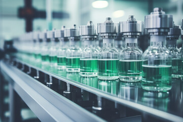 An industrial scene within a pharmaceutical factory, showcasing the production line with pharmaceutical glass bottles and machinery in motion.