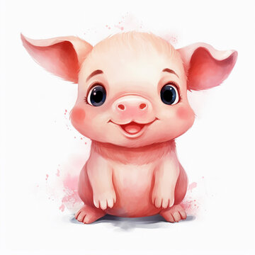 Cute happy kawaii watercolor style pig clipart with pink rose isolated on white. 