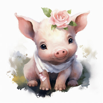 Cute Kawaii style pig clipart with pink rose isolated on white. Watercolor effect.