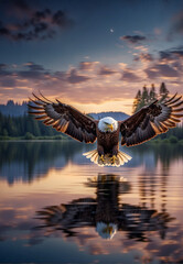Obraz premium an eagle flies over the lake at night