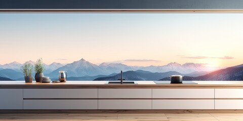 Wooden kitchen with panoramic window, minimalist white and blue design, sunset/sunrise panorama.