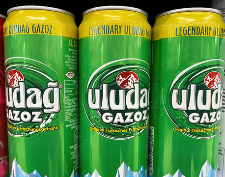 Viersen, Germany - December 9. 2023: Closeup of cans Suntat Uludag Gazoz turkish fruit soft drink