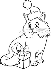 cartoon cat with gift on Christmas time coloring page