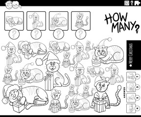 counting activity with cartoon cats on Christmas coloring page