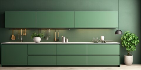 Minimalist interior design with a green kitchen, ed in . - obrazy, fototapety, plakaty