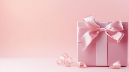 This charming image features a pink gift box with a ribbon on a soft pink background, offering copy space and ideal for romantic occasions.