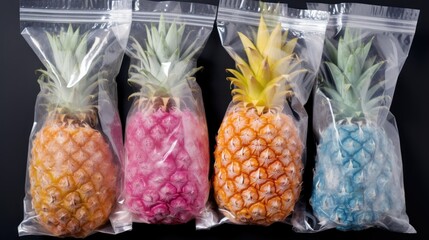  a group of three bags filled with different types of pineapples on top of a black table next to another bag of pineapples and another bag of colored pineapples in the same bag.