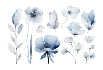 Watercolor floral clipart set, loose watercolor, flowers, plants and leaves. Generative AI. Isolated on transparent background.