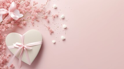 a gift box, gypsophila, heart confetti, an invitation envelope, against a pastel beige background with ample space for text, exudes love and simplicity.