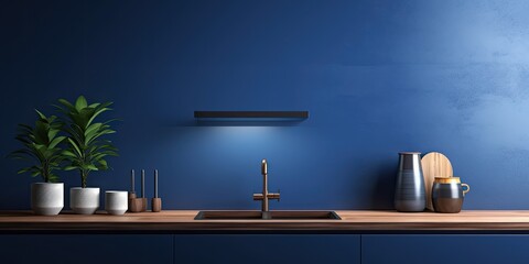 Modern style kitchen interior design with dark blue wall exhibited in a . - obrazy, fototapety, plakaty