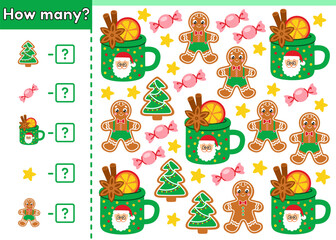 Counting game for children. Kids math game. How many Christmas sweet treats. Count Xmas gingerbread man and trees, New Year cocoa mugs, candy. Educational worksheet for preschool and school. Vector.