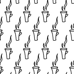 Hand drawn seamless pattern with cup of coffee, chocolate, cocoa, americano or cappuccino. Doodle mug isolated on white background. Adults and kids coloring page, coloring book, design for cafe
