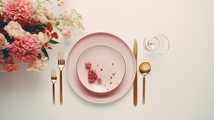 a beautiful table setting for one person in a close-up flat lay, floral decorations to enhance the aesthetic, in a minimalist modern style that accentuates the beauty of simplicity.