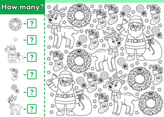 Counting game for kids. Math game. How many Christmas objects. Count the Santa Claus, Xmas wreaths, reindeer, New Year socks. Educational worksheet for children. Vector outline. Perfect for coloring.