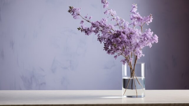 the delicate flowers in a glass on a table, creating a composition that emphasizes simplicity and elegance, statice and caspia arranged in a minimalist modern style.