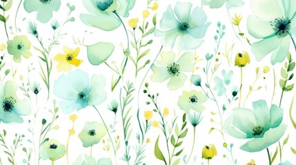  a watercolor painting of blue and yellow flowers on a white background, with green stems and yellow and white flowers in the middle of the image, and the top right corner of the.