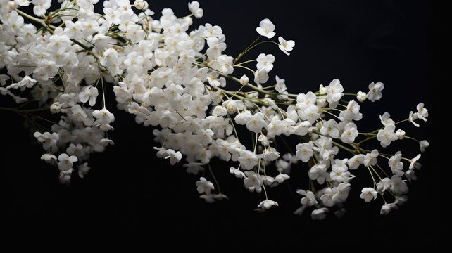 gypsophila or baby's breath flowers with a macro shot against a dark background, in a minimalist modern style, highlighting the delicate details in a visually striking manner.