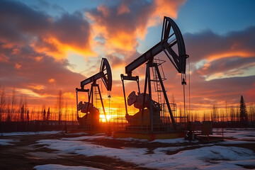 A oil pump is at sunset on the russian kiev