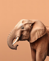Close up side profile of an elephant isolated on plain colored background