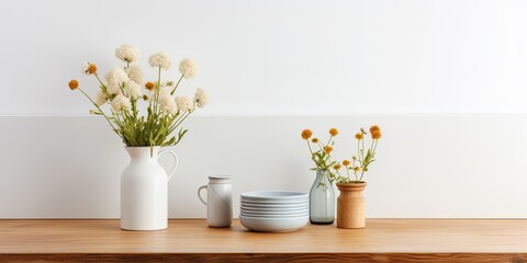 Fototapeta na wymiar Minimal and cozy kitchen interior design for product branding or presentation, featuring a bright wood counter, white wall, and decorative items such as a vase, flower, and utensils.